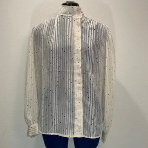 VINTAGE Sakowitz White striped with black polka dot Shirt - Size 10